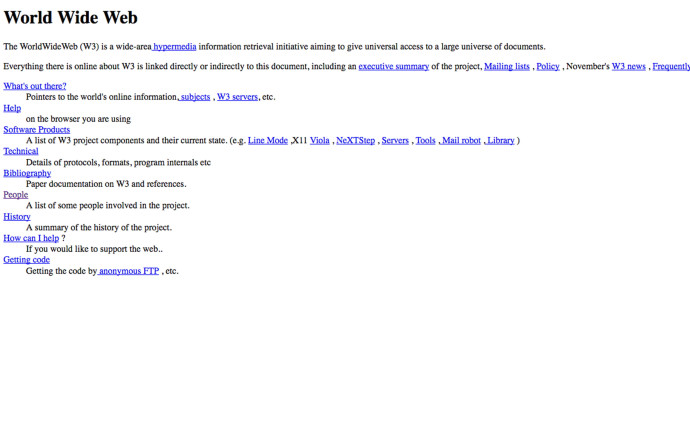 Ceci correspond à la page d’introduction du projet du World Wide Web tel qu’il a été introduit par le CERN en 1991.