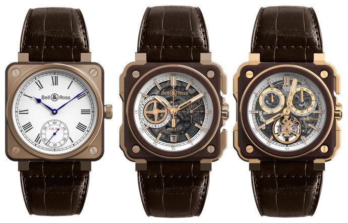 De gauche à droite : BR01 Instrument de Marine, édition limitée à 500 pièces (7 900 €), BR-X1 Skeleton Chronograph Instrument de marine, édition limitée à 99 pièces (23 000 €) et BR-X1 Tourbillon Chronograph Instrument de Marine, édition limitée à 20 pièces (151 000 €).