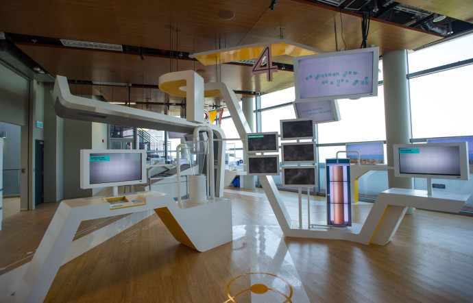 Le hall d’exposition du T.Park, qui a aussi pour mission de sensibiliser la population à la problématique du traitement des boues.