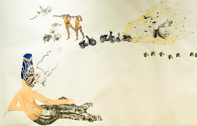 Une oeuvre de ruby onyinyechi amanze. That low hanging kind of sun, the one that lingers two feet above your head, (never dying) house plants in exchange for your freedom... orchids in exchange for your love, who are you kissing, when you kiss a mask?, 2015