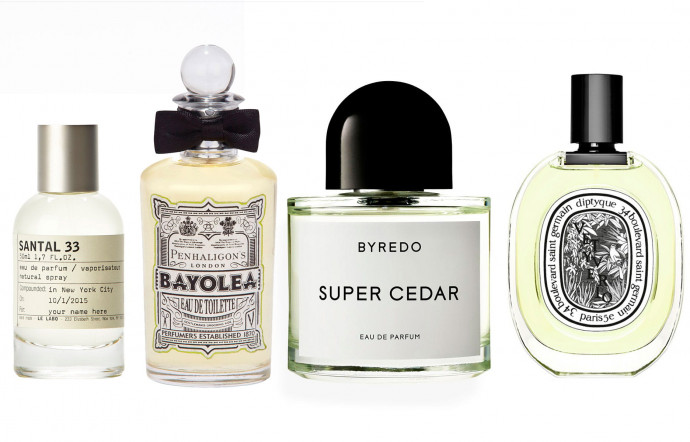 « Santal 33 », de Le Laboet, « Bayolea », de Penhaligonõs, « Super Cedar », de Byredo et « Vetyverio », de Diptyque
