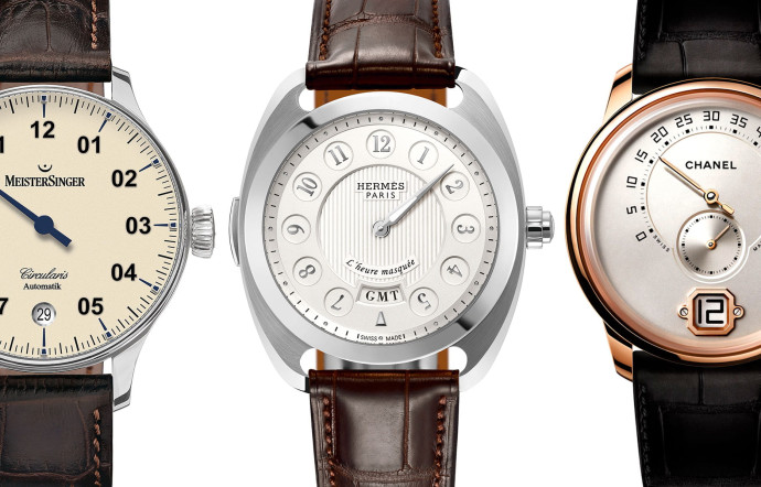 Montres « Circularis Automatic », de Meistersinger, « Dressage l’Heure masquée », d'Hermès, et « Monsieur de Chanel », de Chanel Horlogerie