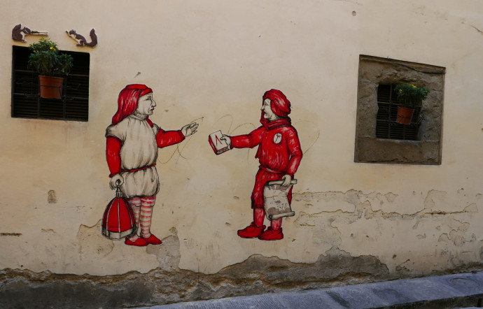 Florence, rue Toscanelli. Hopnn s’amuse à reprendre des sujets de la Renaissance, comme l’architecte Brunelleschi et son professeur de mathématique.