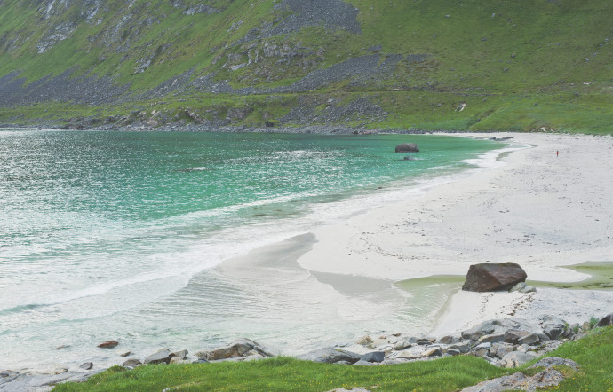 L’immensité verdoyante de la plaine bordée par une plage de sable blanc et des eaux cristallines à Haukland.