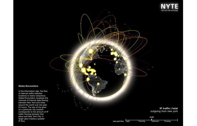 Le New York Talk Exchange, ou la visualisation en temps réel du flux d’informations téléphoniques et numériques entre New York et le reste du monde.