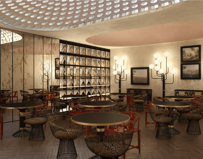 Rendu 3D du restaurant de l’hôtel, ouvert sur l’extérieur.