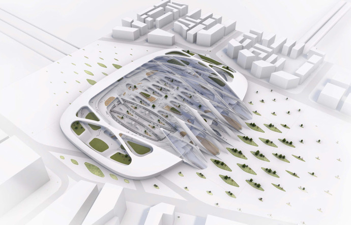 La structure modulable imaginée par UNStudio permettrait d’équiper en hub Hyperloop aussi bien le Bourget, Limoges et Madrid.