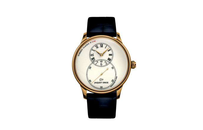 Grande Seconde Hommage, boîtier en or jaune 43 mm, mouvement mécanique à remontage automatique, cadran en émail grand feu, bracelet en alligator, édition limitée à 88 exemplaires, 21 900 €.