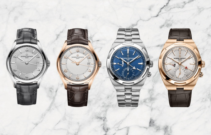 A gauche, les toutes nouvelles collections Fiftysix Automa tique (or rose 19 200 € et acier 11 600 €). A droite, Overseas Dual Time (acier 41 mm 24 400 € et or rose 41 mm 39 000 €). Des montres sportives et contemporaines.