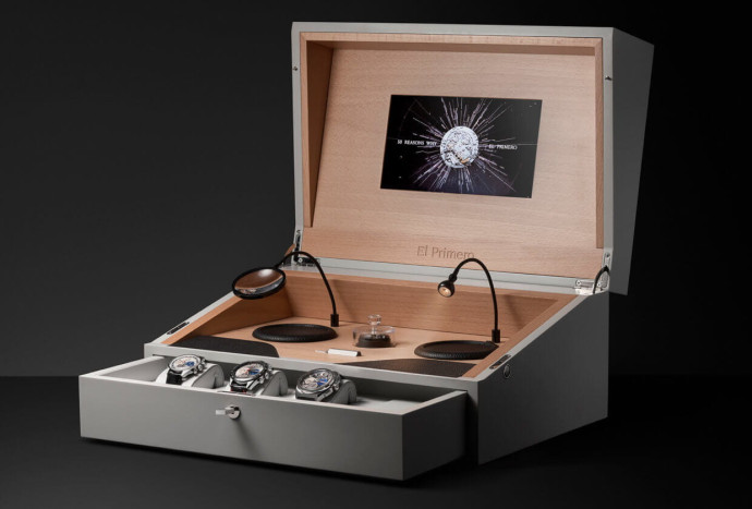 Pour les 50 ans du mouvement El Primero, les ateliers Zenith ont conçu un coffret édité à 50 exemplaires contenant une réédition du modèle de 1969, une Chronomaster El Primero et une Defy El Primero 21.