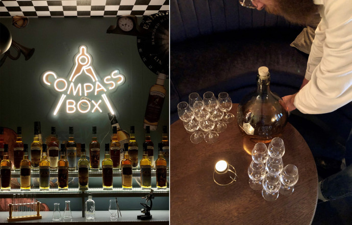 Le bar du rez-de-chaussée où Compass Box a élu domicile, ainsi qu’une dame-jeanne qui contient The Promise.