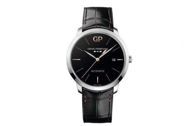 Girard-Perregaux 1966 infinity, boîtier de 40 mm x 8,9 mm en acier poli, cadran en onyx noir, mouvement mécanique à remontage automatique manufacture, bracelet en alligator, édition limitée à 188 pièces. 9 900 €.