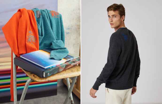 Les pulls sont vendus dans un tote bag imprimé avec une œuvre de l’artiste, à partir de 280 €.