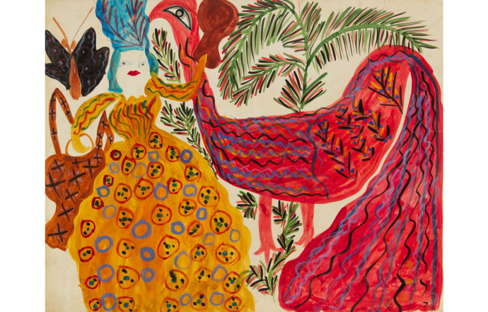 Femme au panier et coq rouge, 1947, Baya Mahieddine.