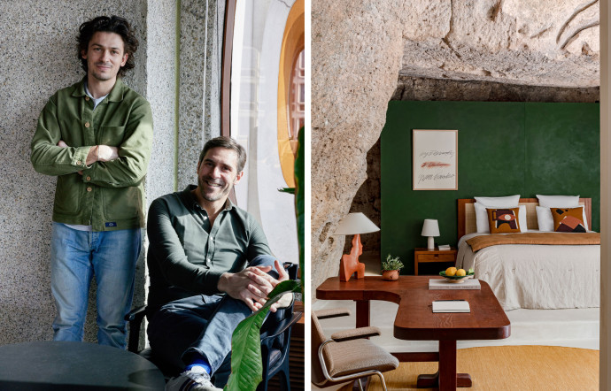 Robin Michel et Thibaud Elzière, cofondateurs d’Iconic House, la première collection privée de propriétés de luxe. À droite, vue de l’une des chambres de L’étoile des Baux.