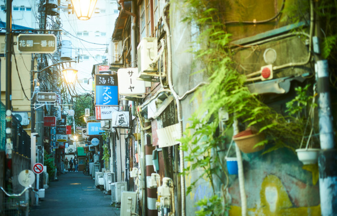Une ruelle pittoresque de Golden Gai, avec ses bâtisses à un étage.