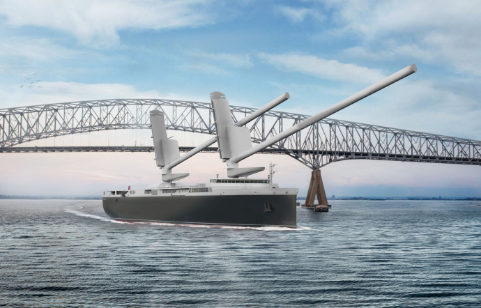 Projection 3D du Neoliner près du pont de Baltimore, sur lequel le navire pilote doit faire cap en 2025.