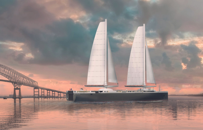 Projection 3D du Neoliner près du pont de Baltimore, sur lequel le navire pilote doit faire cap en 2025.