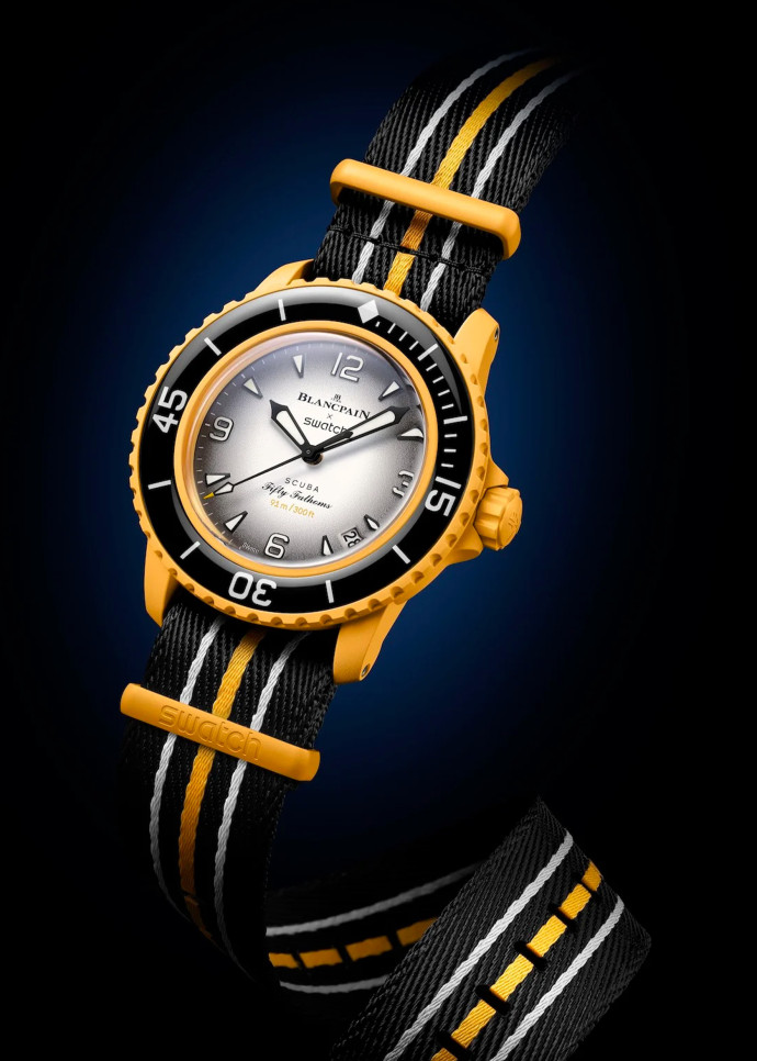 La Blancpain x Swatch Scuba Fifty Fathoms se vendra à 390 euros environ.