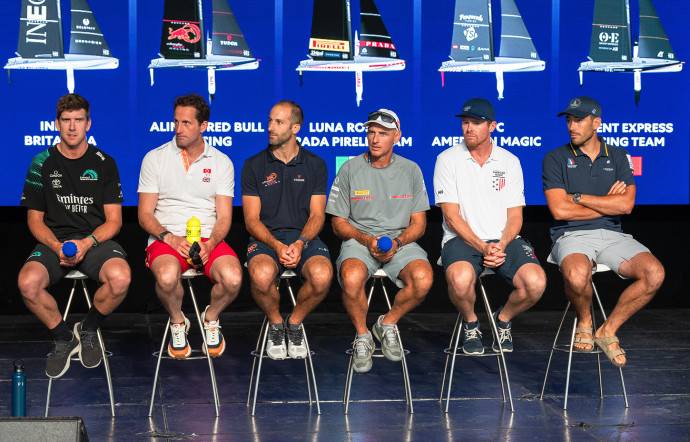 Les chefs de fil de cette 37ème America’s Cup – de gauche à droite : Peter Burling, Ben Ainslie, Arnaud Psarofaghis, Francesco Bruni, Tom Slingsby, Quentin Delapierre.