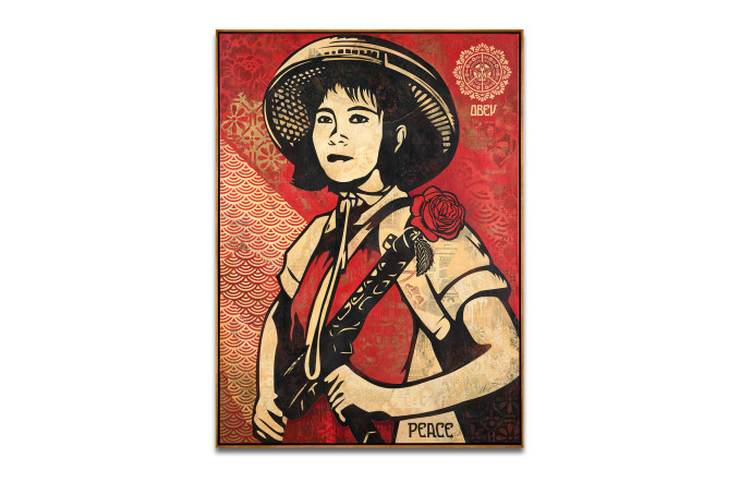 Shepard FAIREY (OBEY GIANT) (Né en 1970)Revolution Woman – 2016Matrice de pochoir, peinture aérosol, acrylique et collages sur toileSignée et datéeSpray paint, acrylic and collages on canvas ;Signed and dated153 x 112cm (60,2 x 44,1in)Estimation : 50 000 – 70 000 €