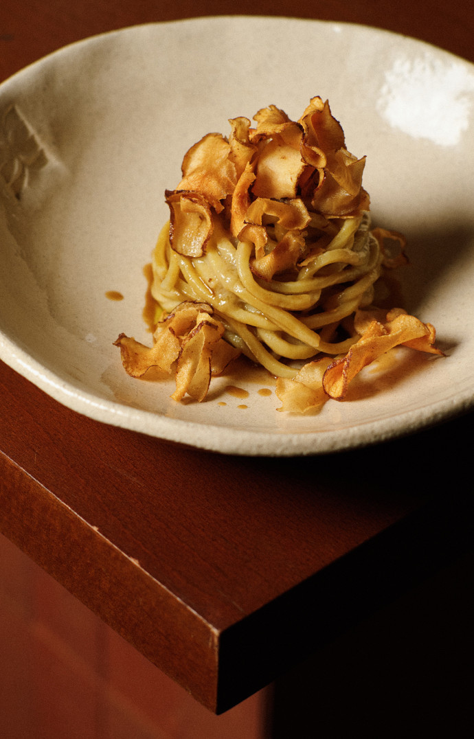 Chitarra artichaut, chips de topinambour.