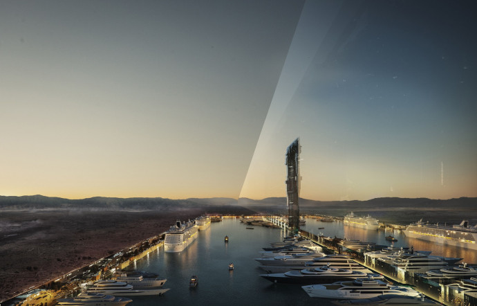 Images de synthèse présentant le projet The Line dans son environnement : une ville miroir de 170 km de long et 500 m de haut au cœur du désert, en Arabie saoudite.