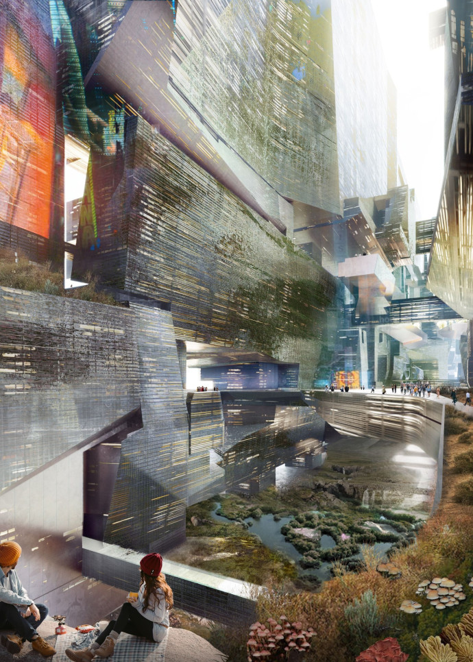 Images de synthèse présentant le projet The Line dans son environnement : une ville miroir de 170 km de long et 500 m de haut au cœur du désert, en Arabie saoudite.