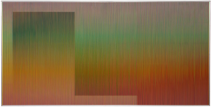 Carlos Cruz-Diez, Physichromie 2577, 2016.Chromography on aluminum, plastic inserts, 100 x 200 cm.Courtesy: the artist and GALLERIA CONTINUA © Carlos Cruz-Diez / Bridgeman Images 2022.