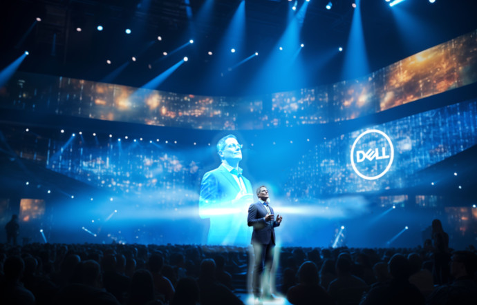 Illustration assistée par IA de ce que serait une Keynote de Michael Dell en 2050.