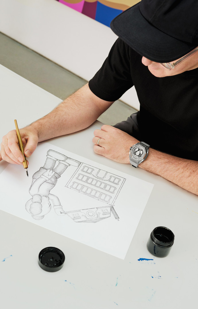 Companion, le plus célèbre des personnages de KAWS, a également élu domicile sur le toit de la manufacture du Brassus pour un mois.